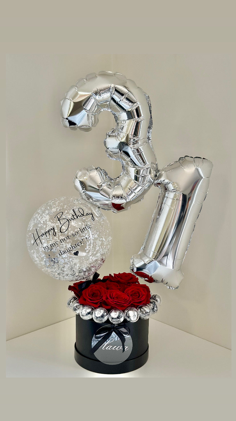 Number Balloon with Fresh Roses and Chocolates