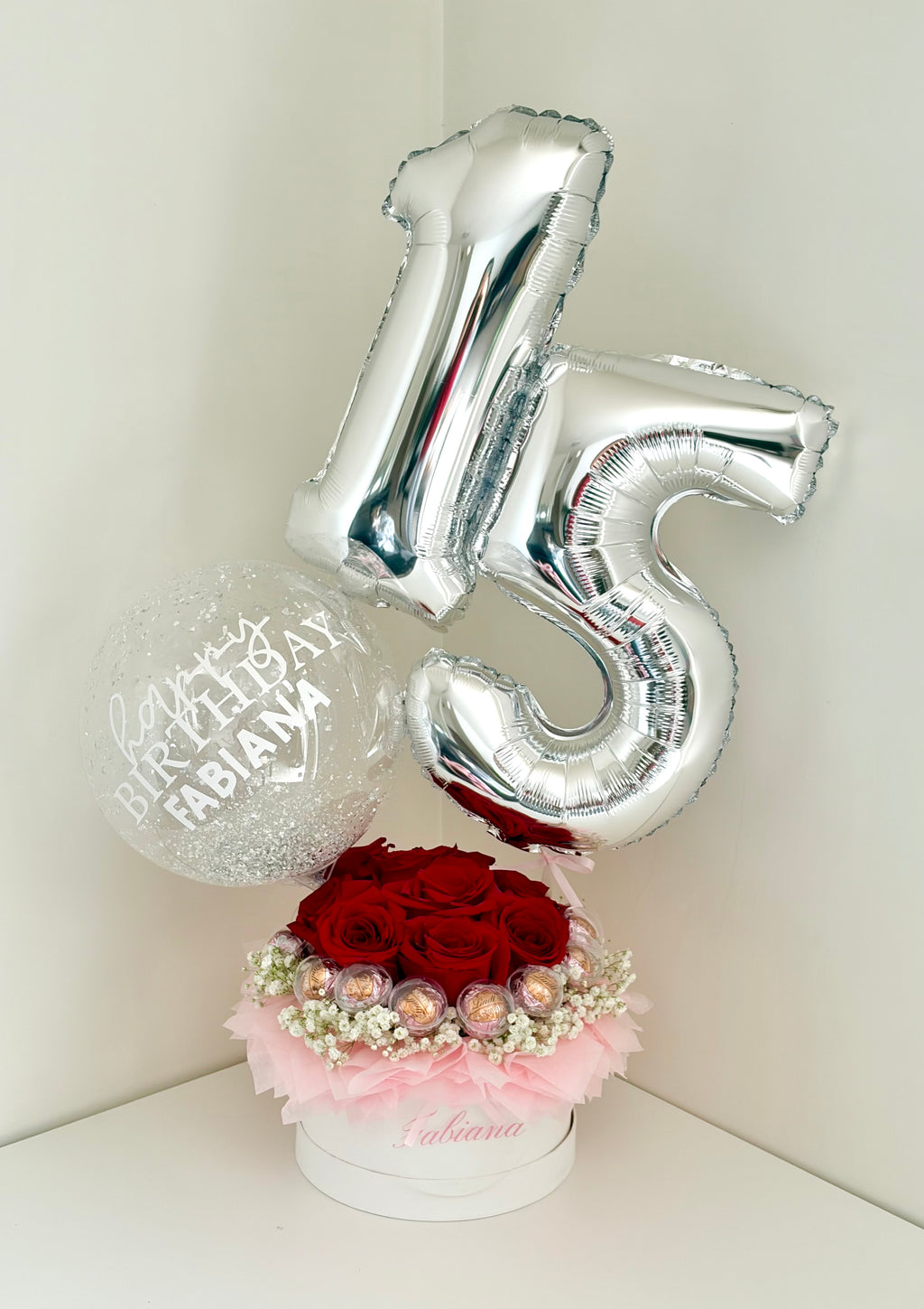 Number Balloon Bouquet with Fresh Red Roses and Chocolates