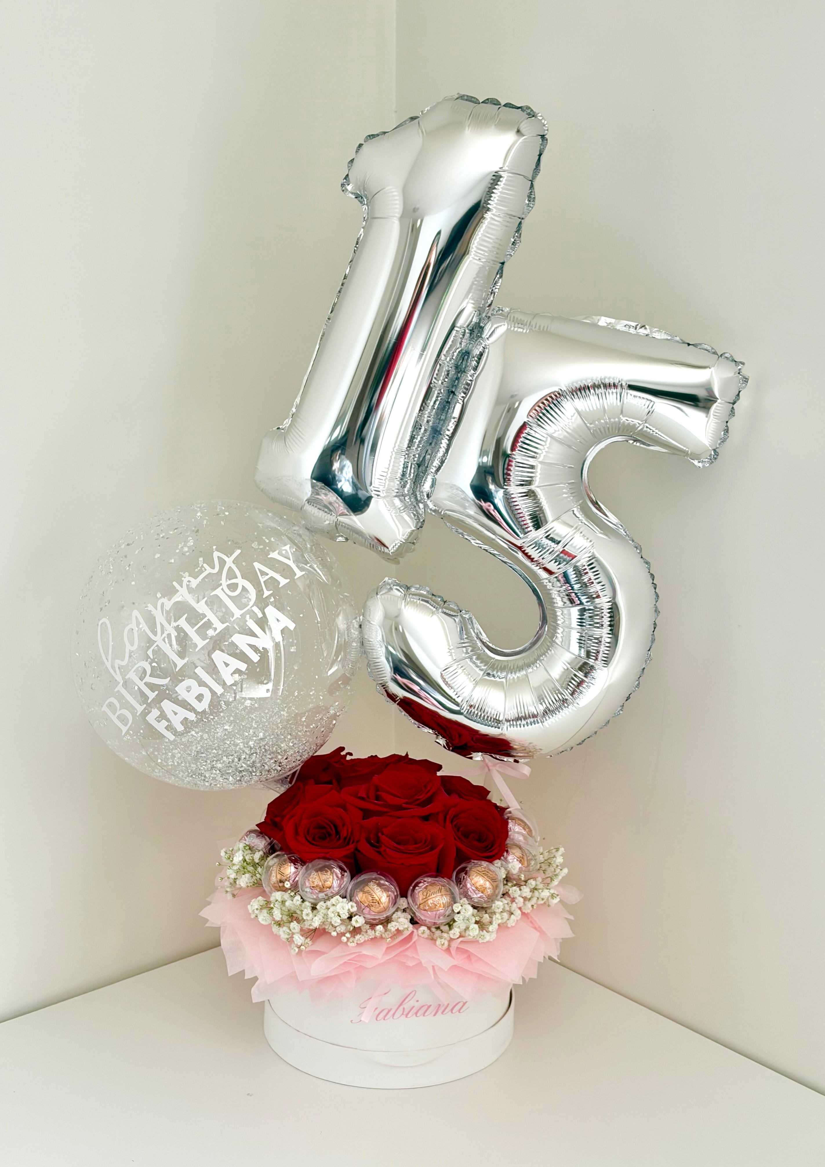 Number Balloon Bouquet with Fresh Red Roses and Chocolates