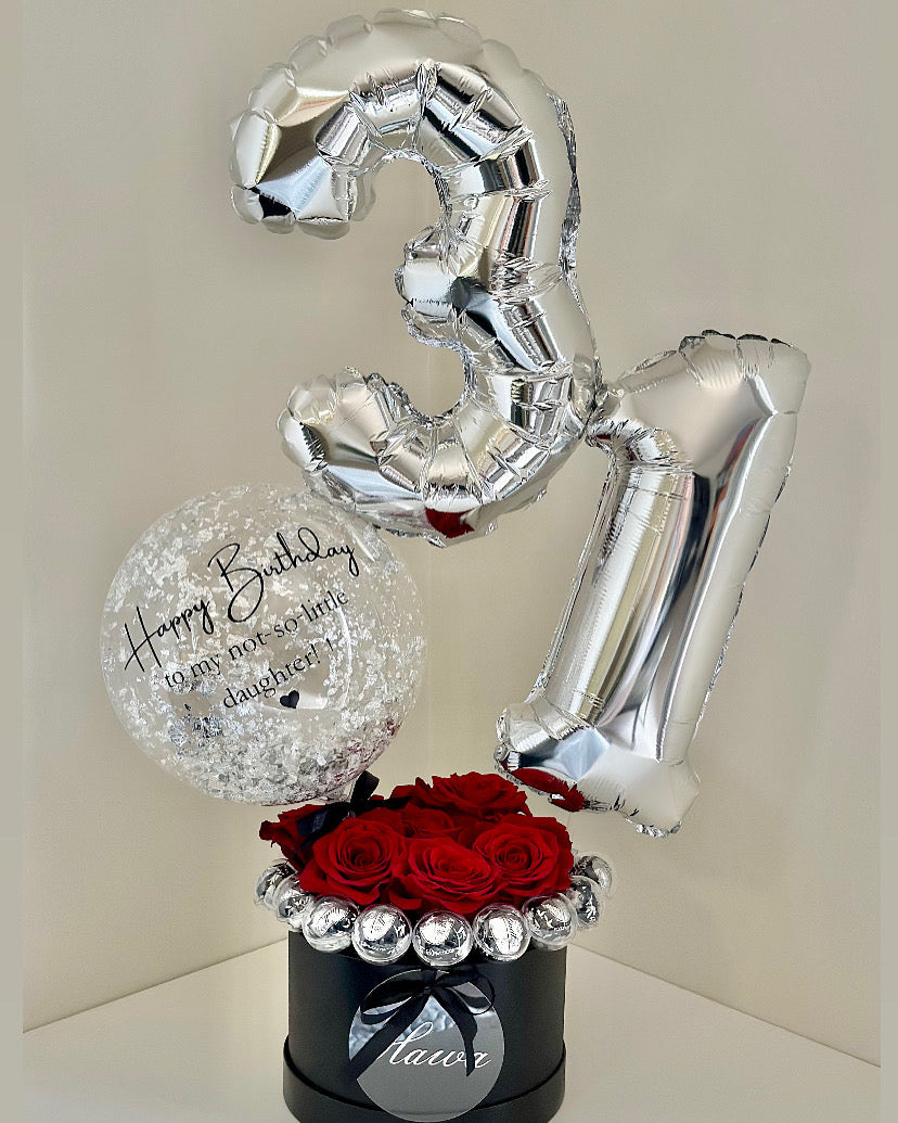 Number Balloon with Fresh Roses and Chocolates