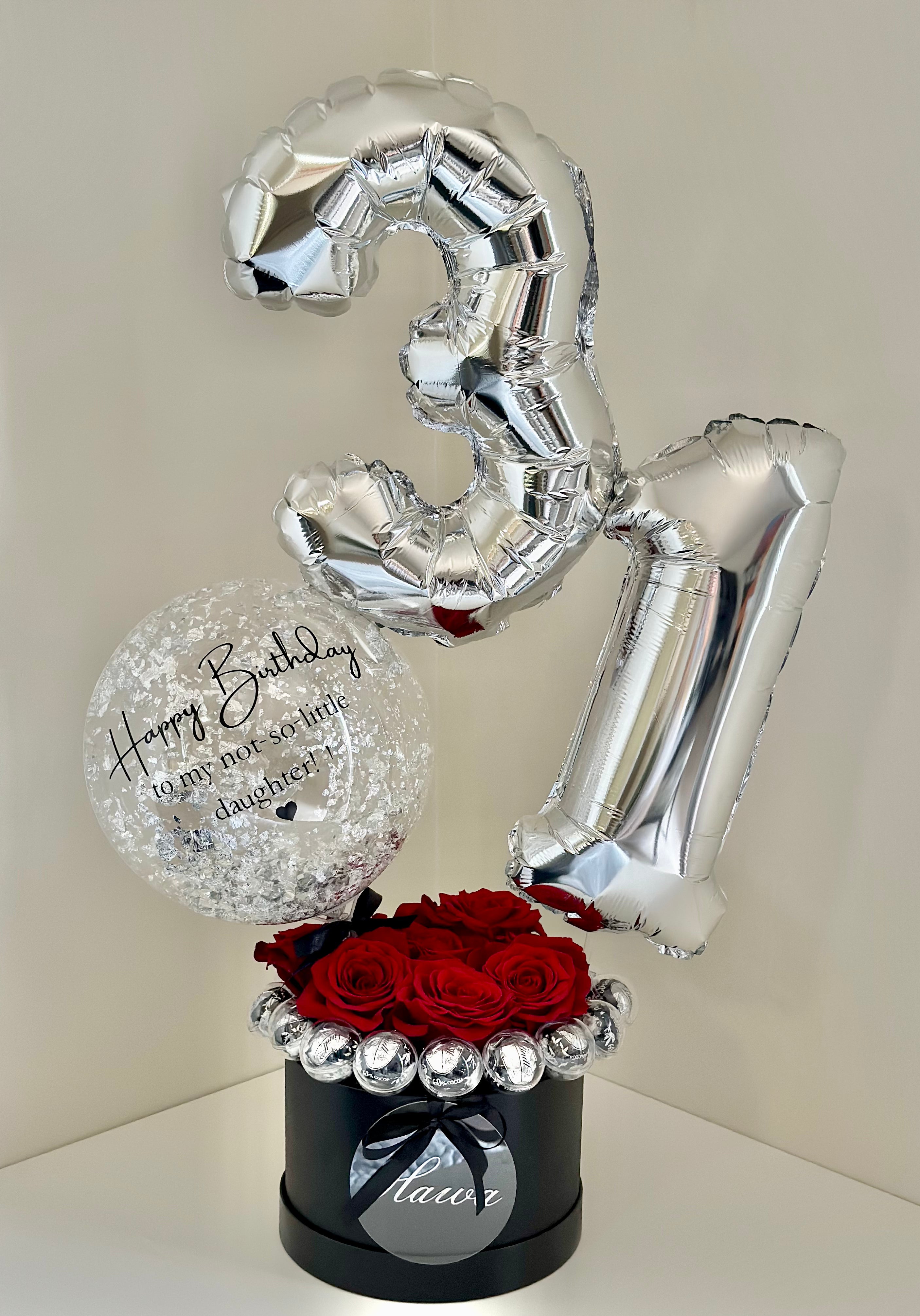 Number Balloon with Fresh Roses and Chocolates